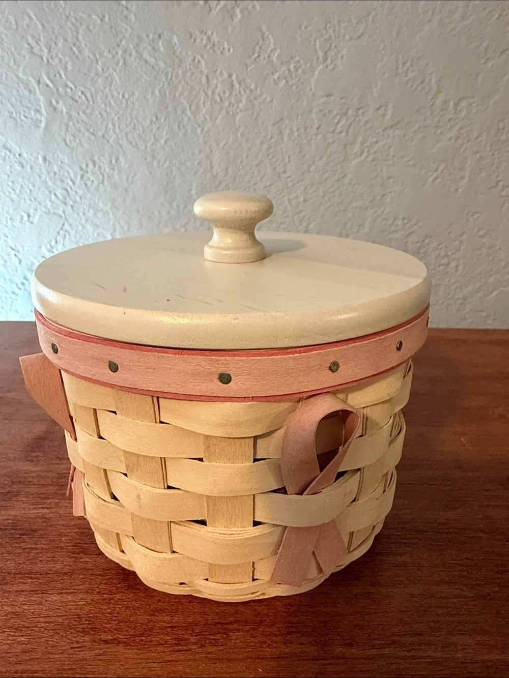 Longaberger Cream and Pink Handwoven Heart Basket